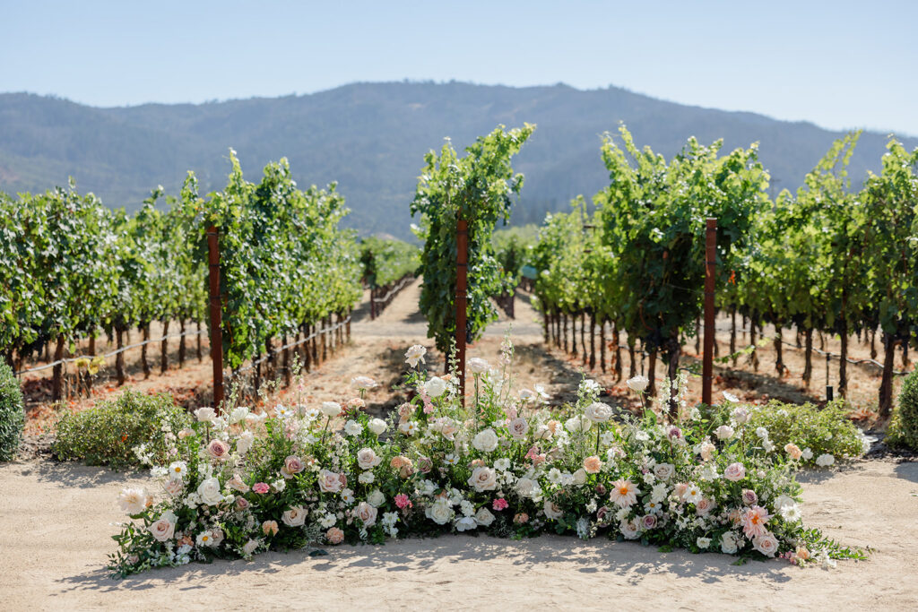 Wedding ceremony flowers at Brindare in St. Helena, CA. 